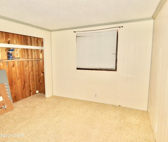 carpeted spare room featuring a textured ceiling and wooden walls