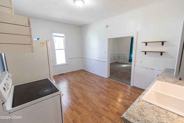 clothes washing area with wood-type flooring, a textured ceiling, and sink