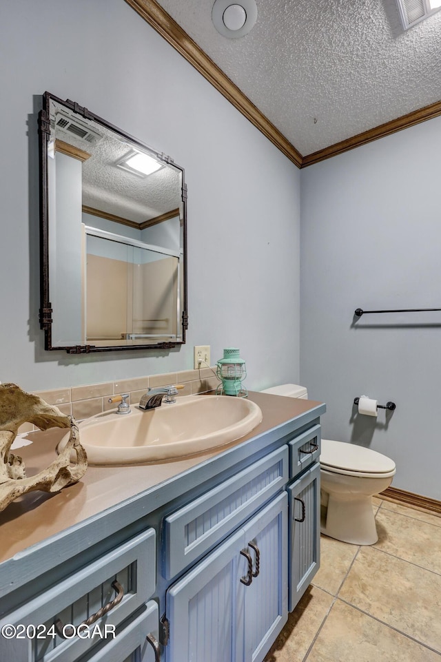5623 Rivercrest Valley Dr, Joplin, MO 64804 - bathroom featuring crown molding, vanity, a textured ceiling, tile patterned floors, and a shower
