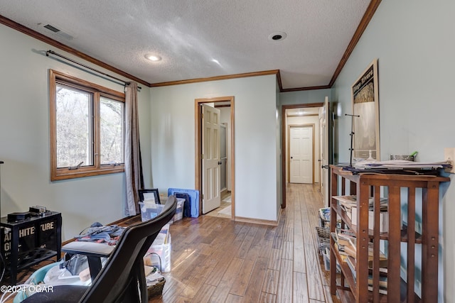 5623 Rivercrest Valley Dr, Joplin, MO 64804 - office area with ornamental molding, a textured ceiling, and light wood-type flooring