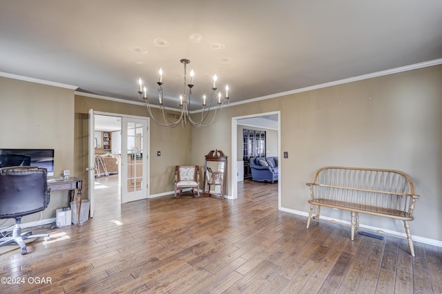 5623 Rivercrest Valley Dr, Joplin, MO 64804 - interior space with french doors, a chandelier, wood-type flooring, crown molding, and an office area