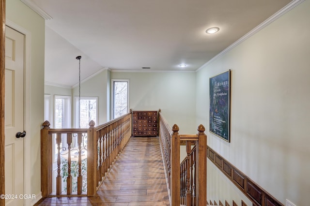 5623 Rivercrest Valley Dr, Joplin, MO 64804 - corridor with an upstairs landing, hardwood / wood-style flooring, ornamental molding, recessed lighting, and vaulted ceiling