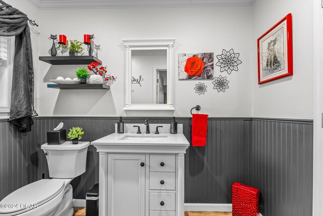 bathroom with toilet, vanity, and crown molding