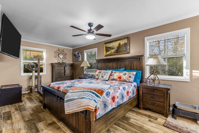 bedroom featuring ceiling fan, multiple windows, and hardwood / wood-style floors