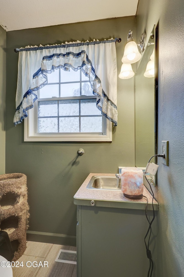 bathroom with hardwood / wood-style floors and vanity