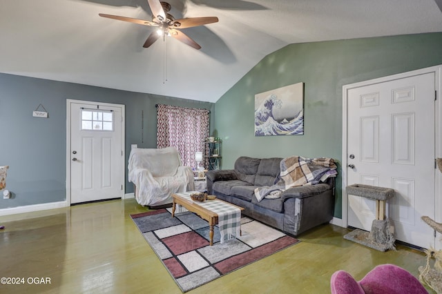 living room featuring hardwood / wood-style floors, ceiling fan, and lofted ceiling