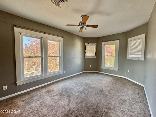 carpeted spare room featuring plenty of natural light and ceiling fan