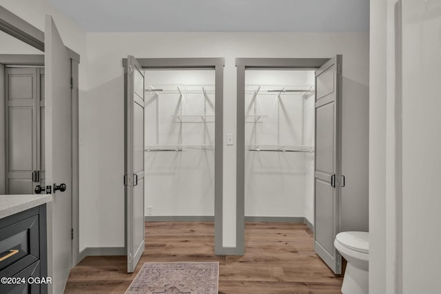 bathroom featuring hardwood / wood-style flooring, vanity, and toilet