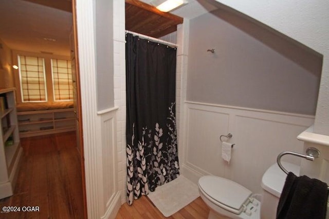 bathroom with hardwood / wood-style flooring and toilet