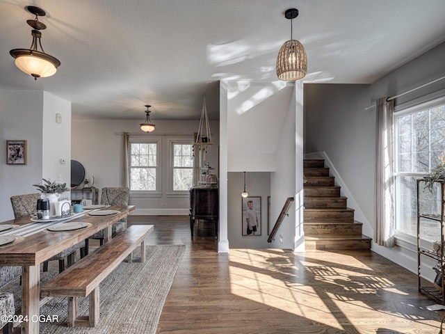 dining space with dark hardwood / wood-style floors