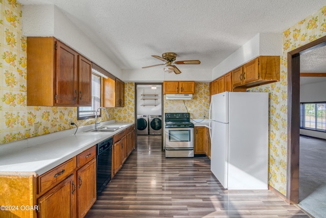 kitchen featuring dark wood-type flooring, washer and dryer, electric range, dishwasher, and white fridge