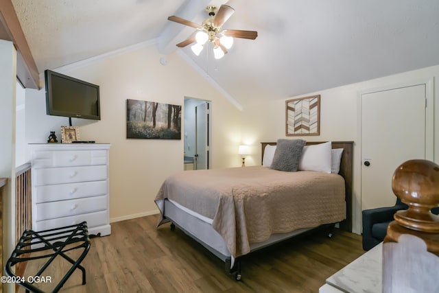 bedroom with dark wood-style flooring, vaulted ceiling with beams, baseboards, and ceiling fan