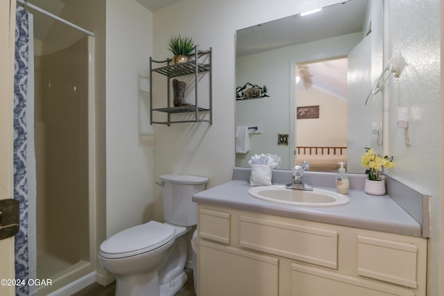 bathroom with vanity, a shower stall, and toilet