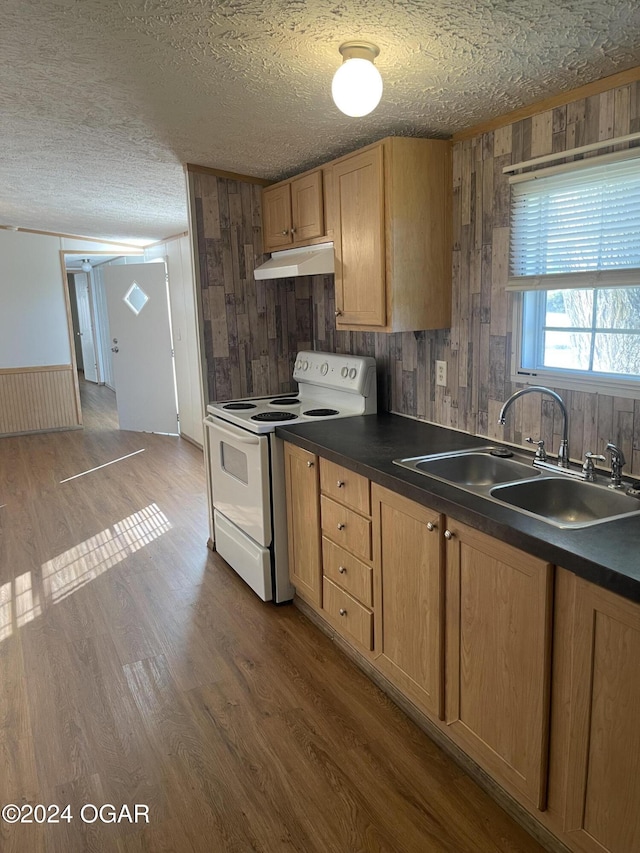 kitchen featuring dark wood-type flooring, white electric stove, wood walls, and sink