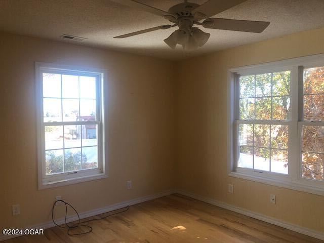 unfurnished room featuring light wood finished floors, a textured ceiling, baseboards, and a wealth of natural light