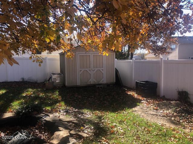 view of shed with a fenced backyard