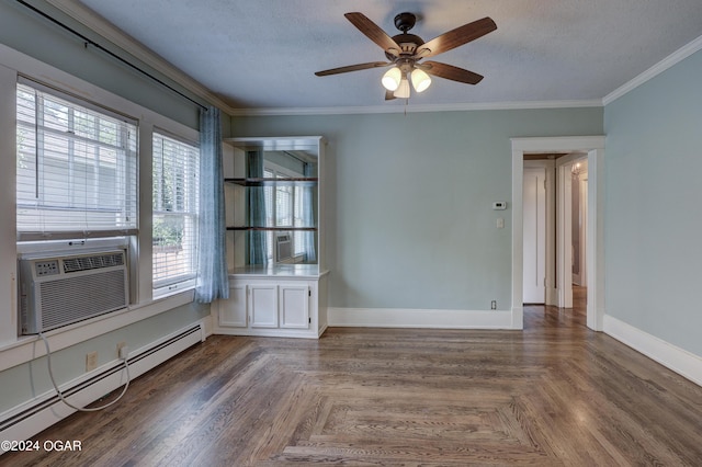 spare room featuring dark parquet flooring, ceiling fan, ornamental molding, a textured ceiling, and a baseboard radiator