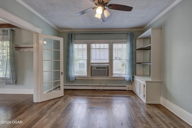 interior space featuring dark hardwood / wood-style floors, a textured ceiling, and a baseboard heating unit