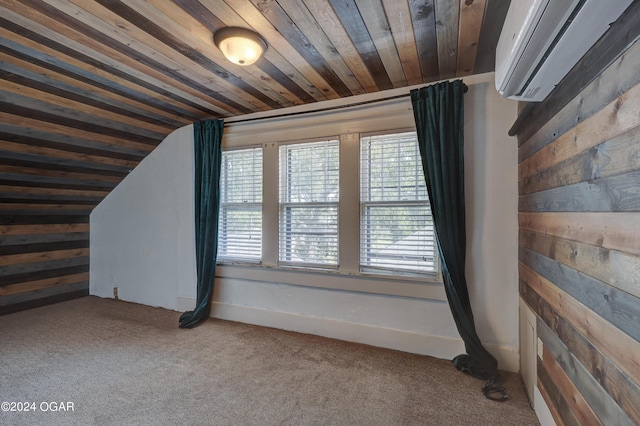 bonus room with carpet, a wall mounted air conditioner, lofted ceiling, and wooden ceiling