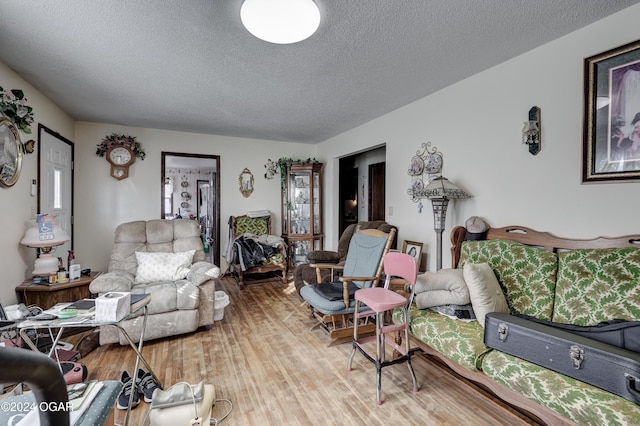 living room featuring hardwood / wood-style floors and a textured ceiling