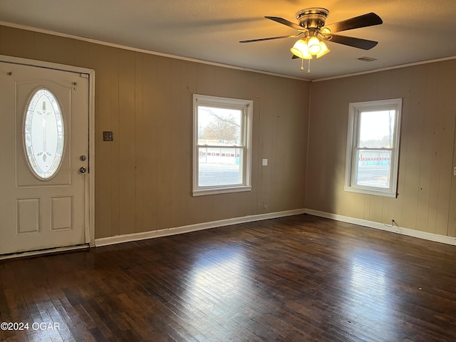 entryway with dark hardwood / wood-style floors, ceiling fan, and a healthy amount of sunlight