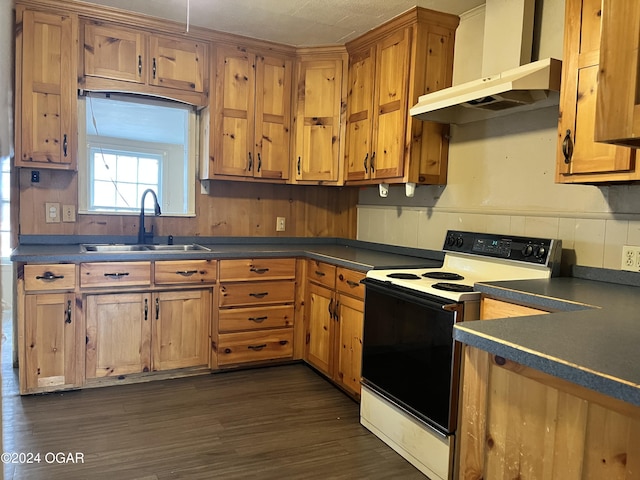 kitchen with white range with electric stovetop, dark hardwood / wood-style floors, custom range hood, and sink