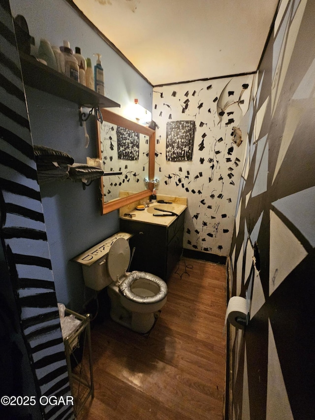 bathroom with vanity, hardwood / wood-style floors, and toilet