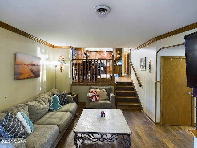 living room with ornamental molding and dark wood-type flooring