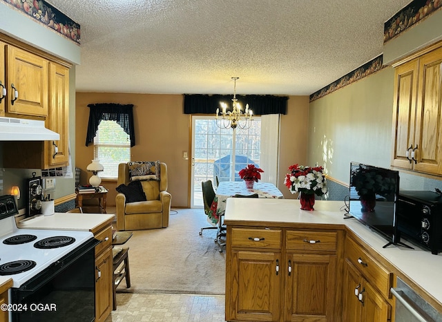 kitchen featuring an inviting chandelier, white range with electric stovetop, a textured ceiling, decorative light fixtures, and light carpet