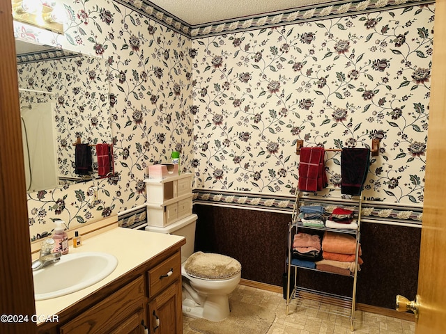 bathroom with vanity, a textured ceiling, and toilet