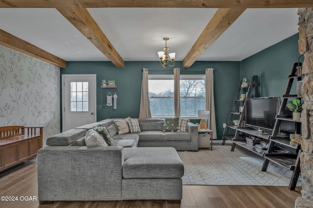 living room with hardwood / wood-style floors, a wealth of natural light, and a notable chandelier