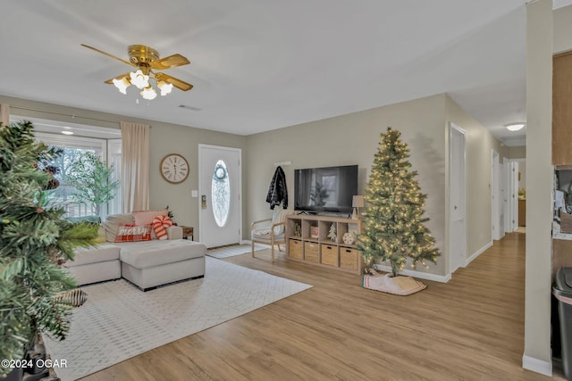 living room with ceiling fan, light wood-type flooring, and a wealth of natural light