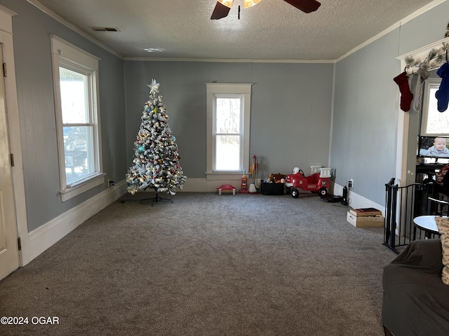 game room featuring carpet flooring, a textured ceiling, and a wealth of natural light