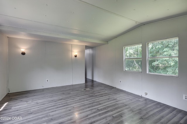 empty room featuring wood-type flooring and lofted ceiling