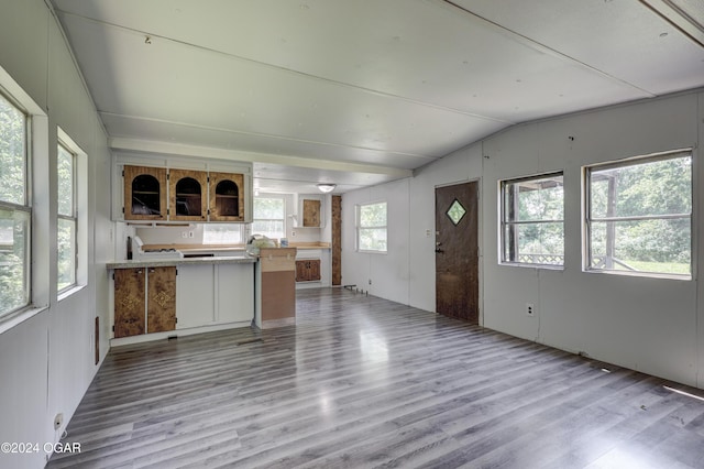 kitchen with light hardwood / wood-style floors and vaulted ceiling