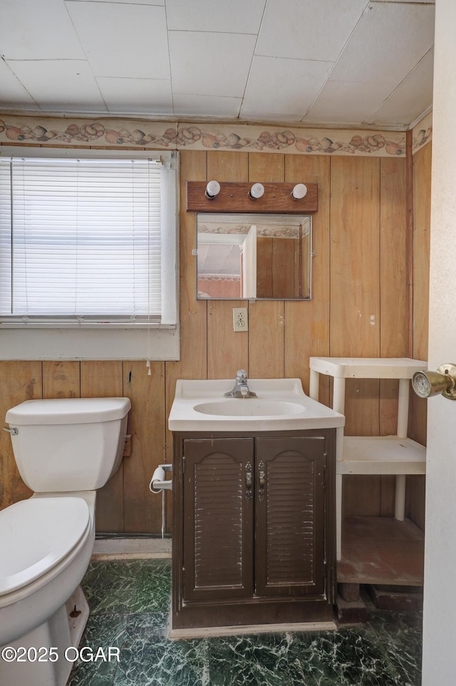 bathroom with wooden walls, vanity, and toilet