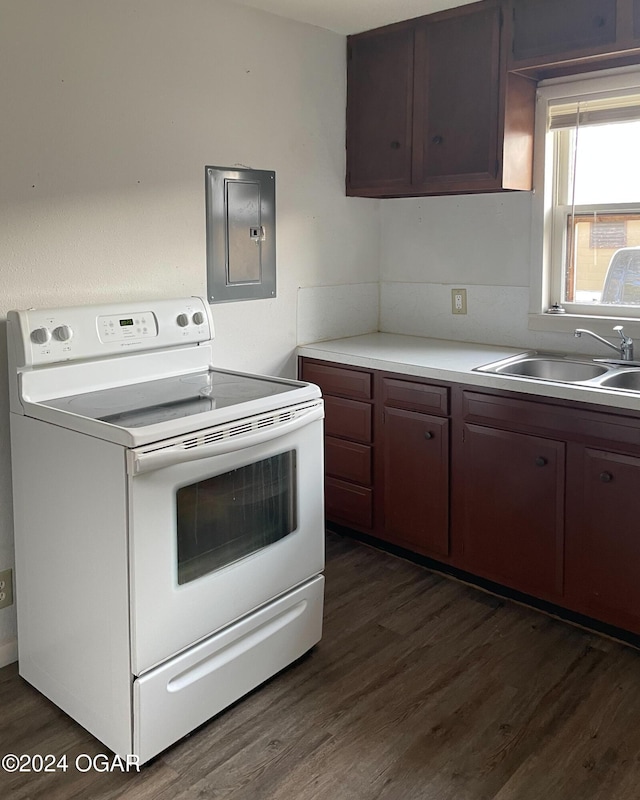 kitchen featuring dark hardwood / wood-style flooring, dark brown cabinets, sink, white electric range, and electric panel