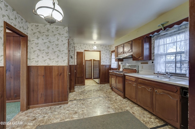 kitchen with sink, dishwasher, pendant lighting, electric stove, and wooden walls