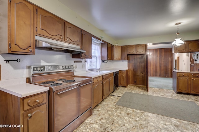 kitchen with black dishwasher, decorative light fixtures, range with electric stovetop, and sink