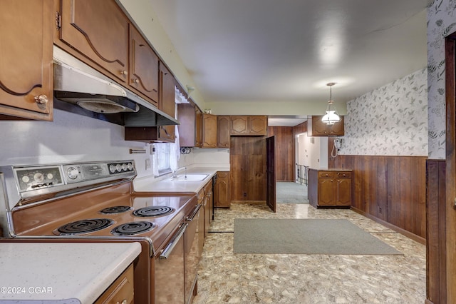 kitchen with wood walls, electric range oven, sink, and hanging light fixtures