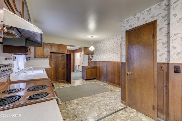 kitchen with electric range oven, decorative light fixtures, wooden walls, and sink