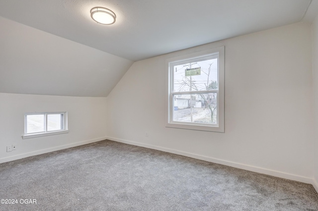 additional living space with carpet, vaulted ceiling, and a healthy amount of sunlight