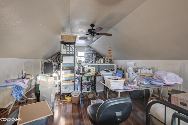 office space with lofted ceiling, ceiling fan, wood-type flooring, and a textured ceiling