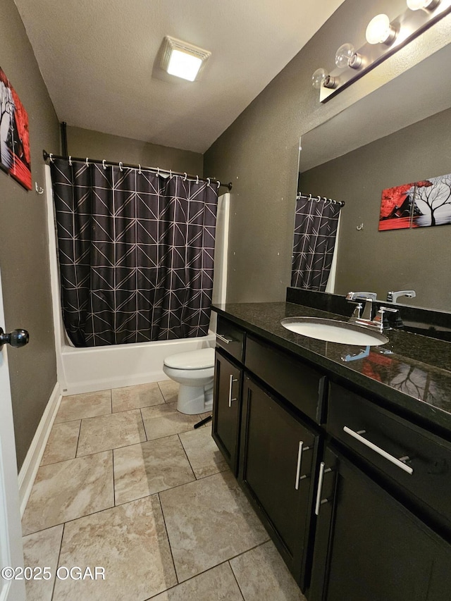 full bathroom with shower / bath combo, vanity, a textured ceiling, and toilet