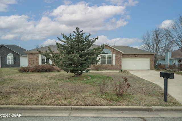 ranch-style house with a front yard and a garage