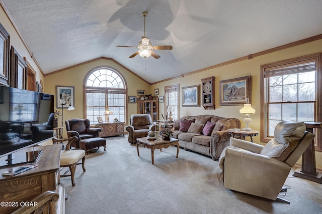 carpeted living room featuring lofted ceiling, ceiling fan, and a textured ceiling