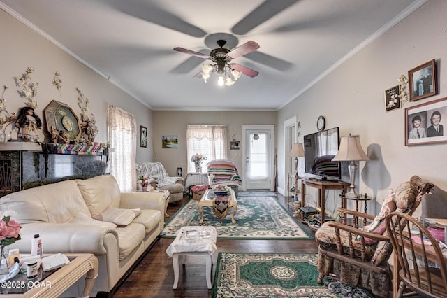 living room with dark hardwood / wood-style flooring, ceiling fan, and ornamental molding