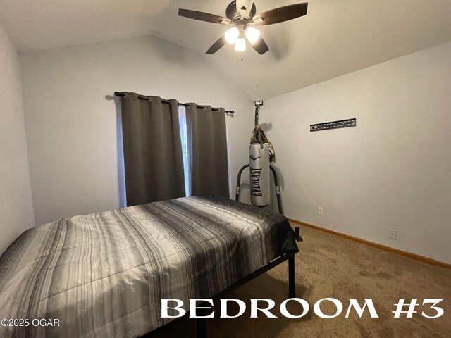 bedroom with ceiling fan, carpet, and lofted ceiling