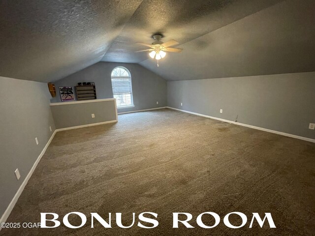 additional living space featuring carpet, ceiling fan, a textured ceiling, and vaulted ceiling