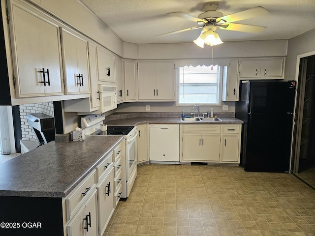 kitchen with ceiling fan, white cabinetry, white appliances, and sink